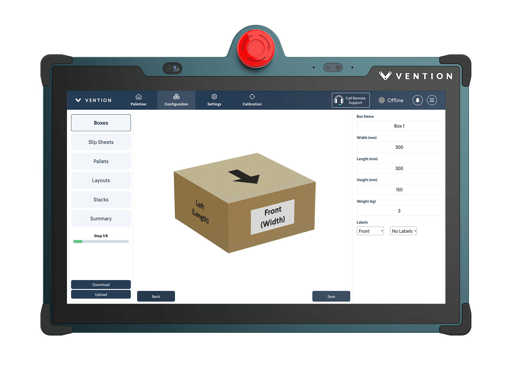 Vention pendant interface showing SKU configuration