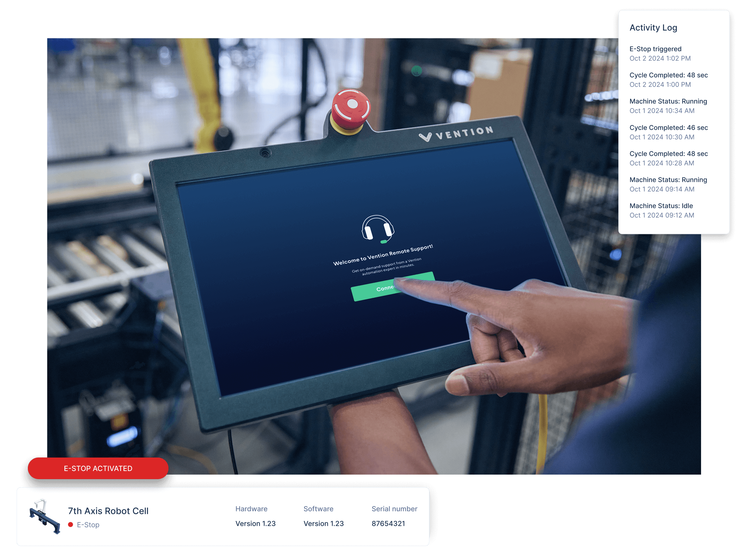 Vention remote support showing live video assistance on machine pendant