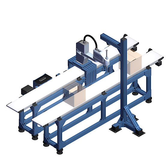 Dual Conveyor Packing Station with a SCARA Robot Angled view