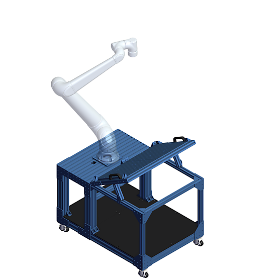 Angled Tray System for Machine Tending - Medium Cobots Angled view