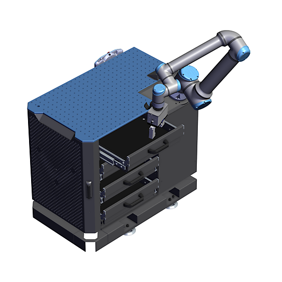 UR12e Drawer System for Machine Tending Angled view